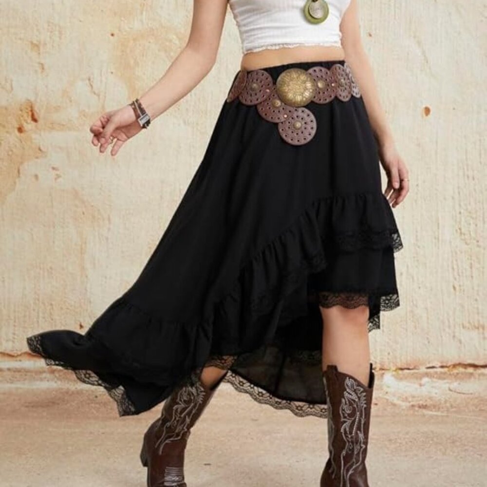 Verdusa Western Boho Lace Ruffle Skirt Asymmetrical Country Cowgirl Skirt